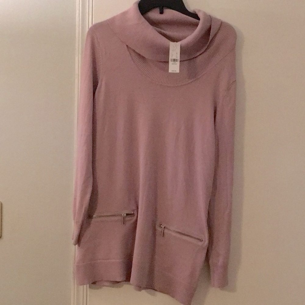 New long pink sweater perfect for leggings or long enough no pants no problem
